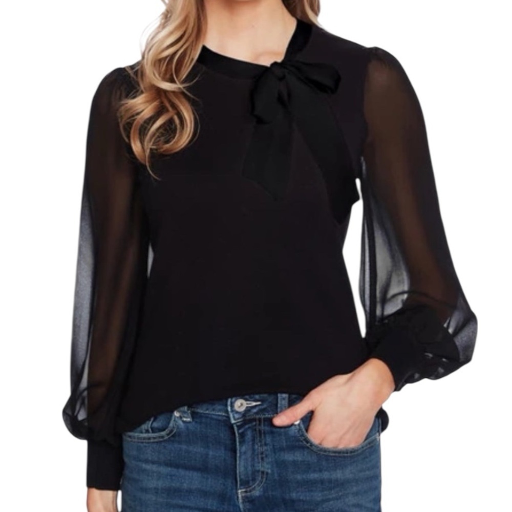 New Cece Mixed Media Sweater Blouse Bow Detail Sheer Balloon Sleeves Black